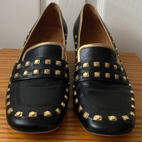 TORY BURCH Perfect Black/Dulce de Leche Leather Studded Loafers Pumps SZ 6.5 - Picture 2 of 15